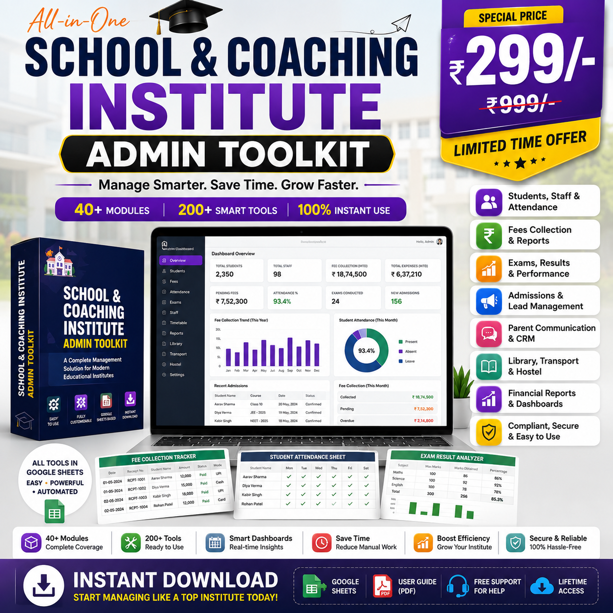 All-in-One School & Coaching Institute Admin Toolkit — 40+ modules, 200+ smart tools