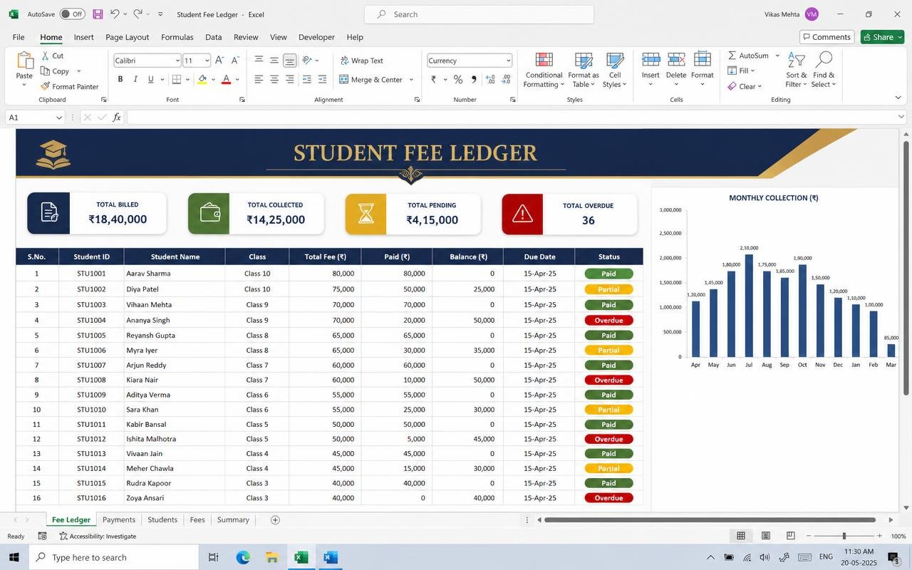 Student Fee Ledger — ready-made spreadsheet dashboard preview