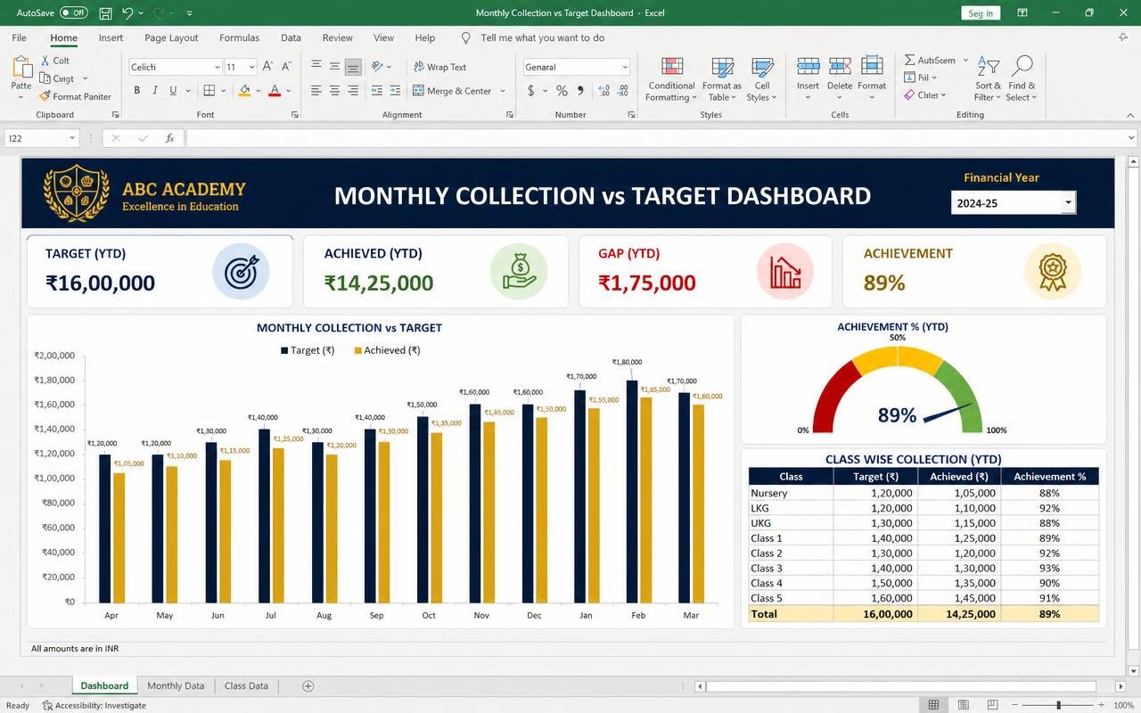 Monthly Collection vs Target Dashboard — ready-made spreadsheet dashboard preview