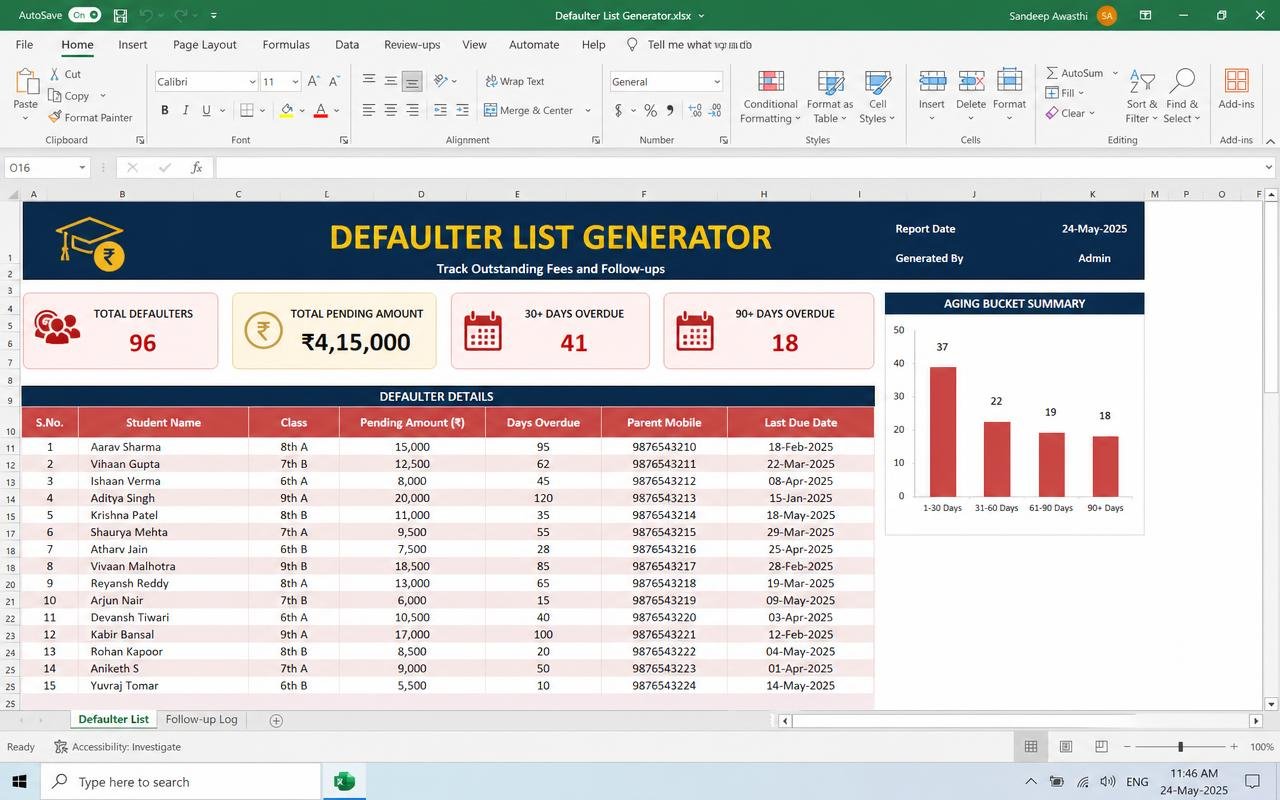 Defaulter List Generator — ready-made spreadsheet dashboard preview