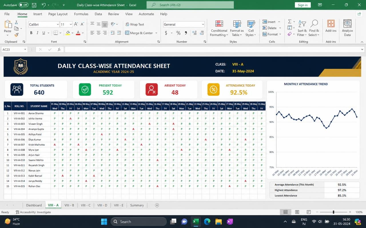 Daily Class-wise Attendance Sheet — ready-made spreadsheet dashboard preview
