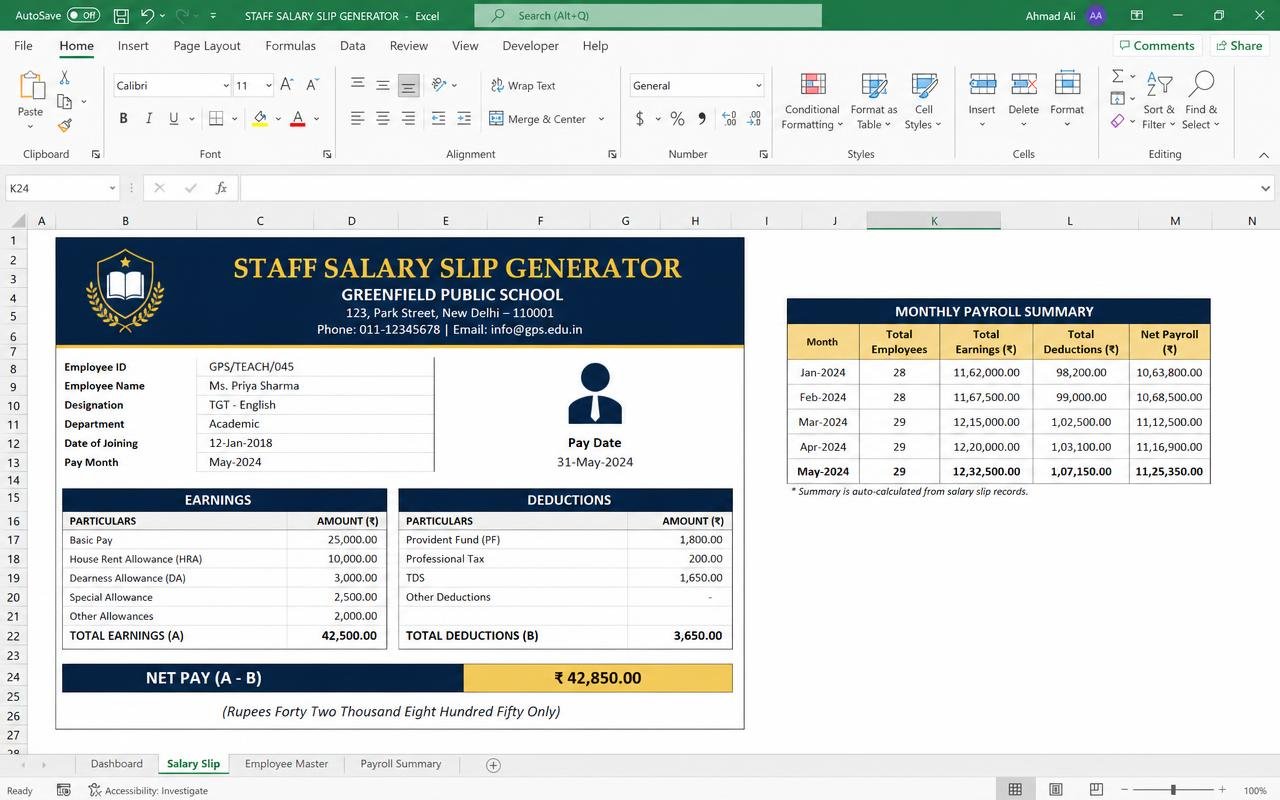 Staff Salary Slip Generator — ready-made spreadsheet dashboard preview