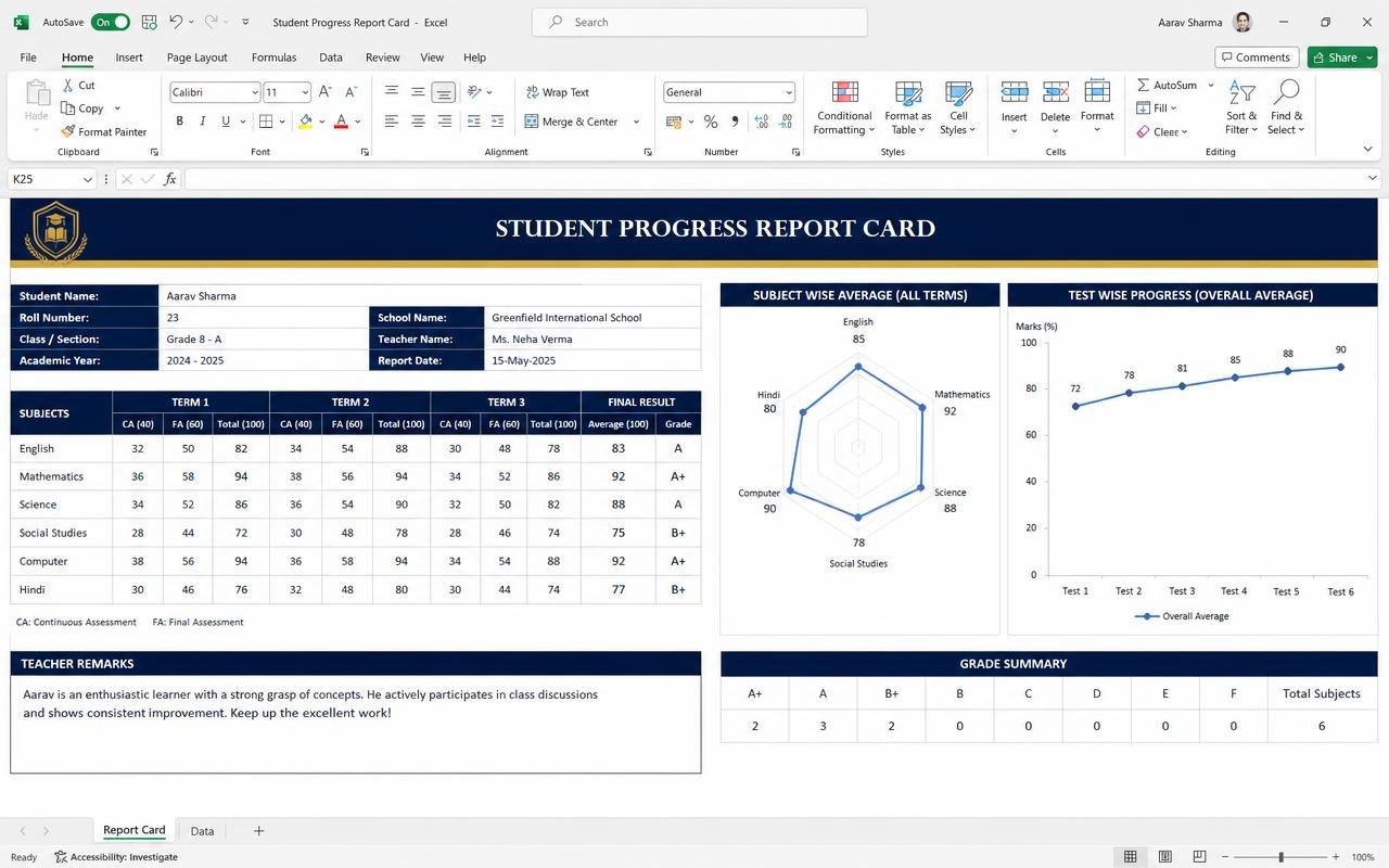 Student Progress Report Card — ready-made spreadsheet dashboard preview