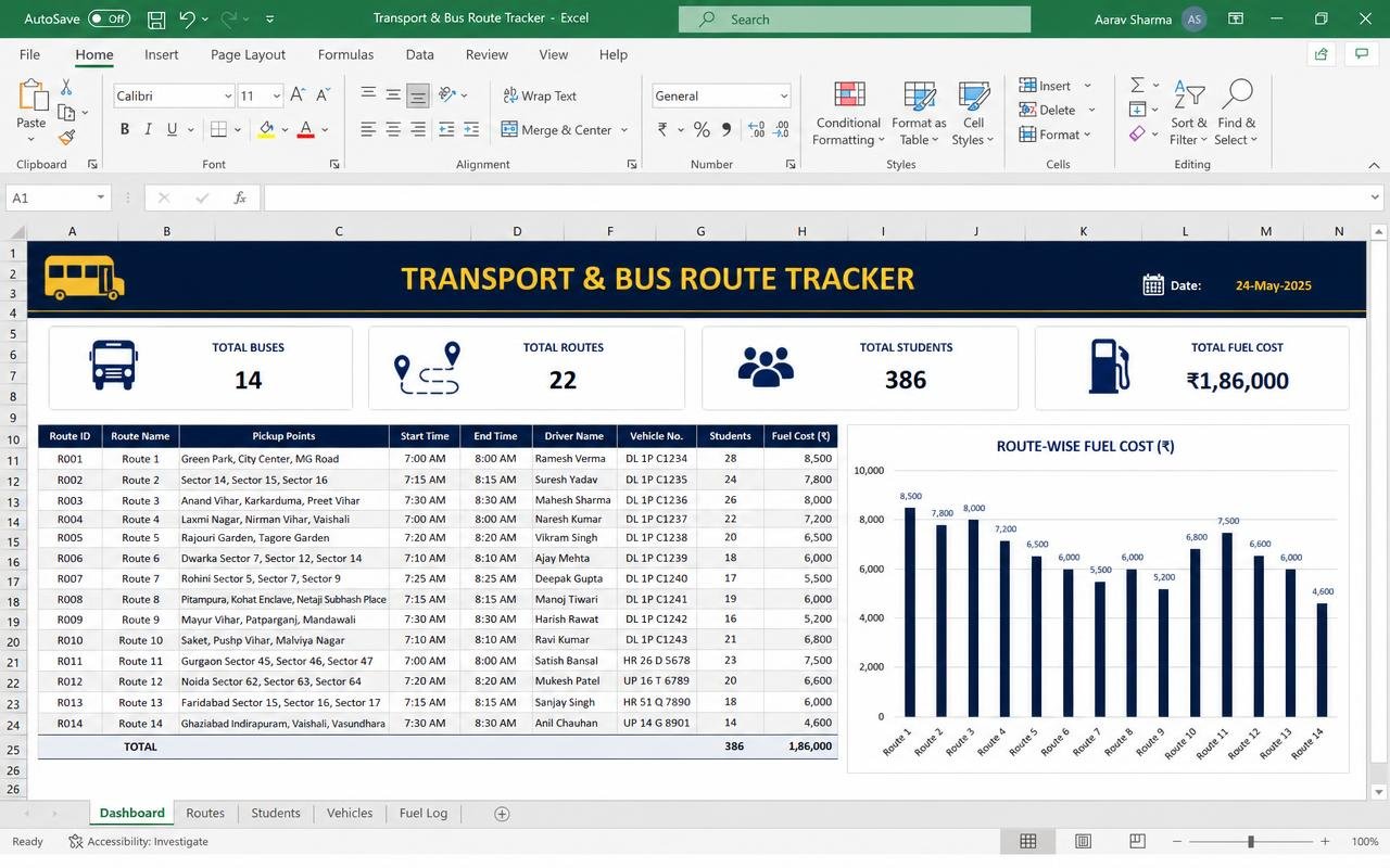 Transport & Bus Route Tracker — ready-made spreadsheet dashboard preview