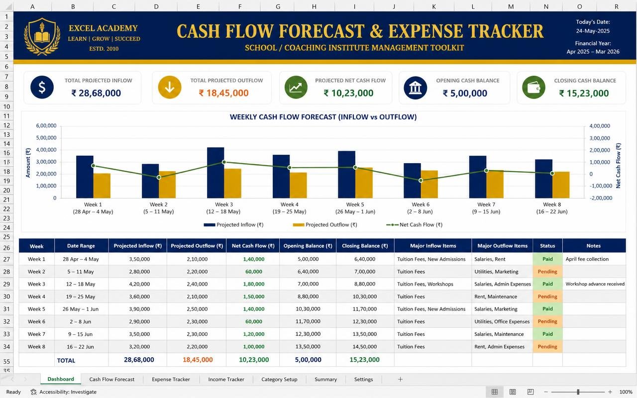 Cash Flow Forecast & Expense Tracker — ready-made spreadsheet dashboard preview