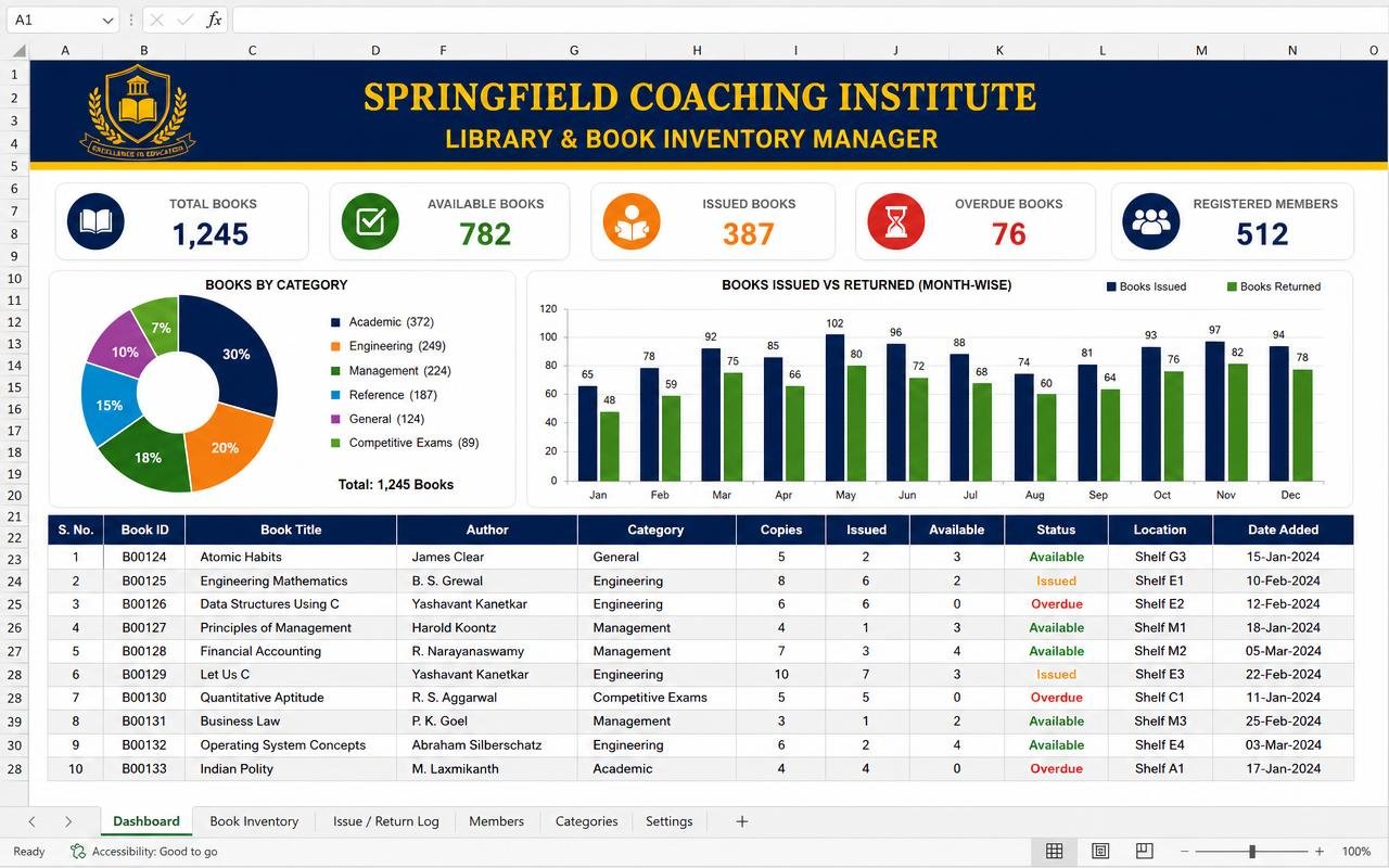 Library & Book Inventory Manager — ready-made spreadsheet dashboard preview